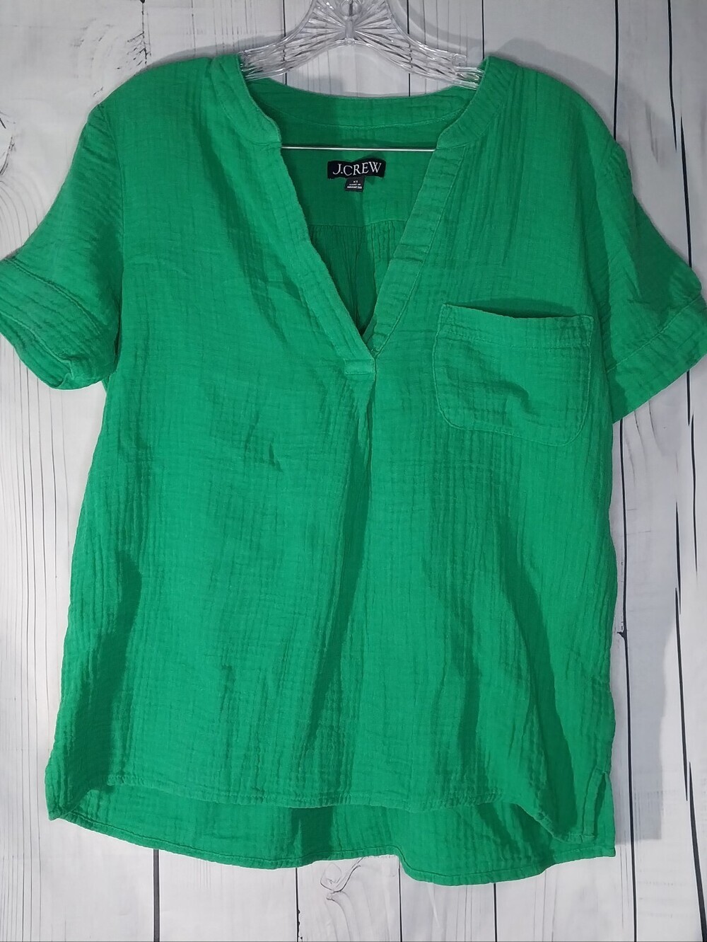 J. Crew Bright Green V-Neck Gauze Popover Short Sleeve Preppy Casual Top